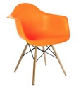 Molded plastic armchair with dowel legs in orange color